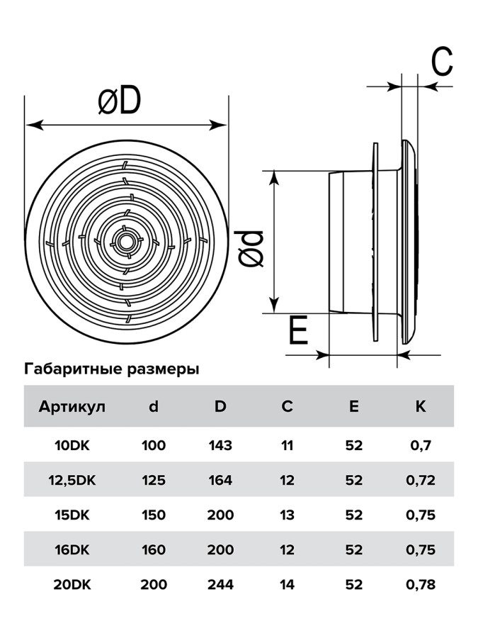 12,5DK, Диффузор приточно-вытяжной со стопорным кольцом и фланцем D125 12,5DK
