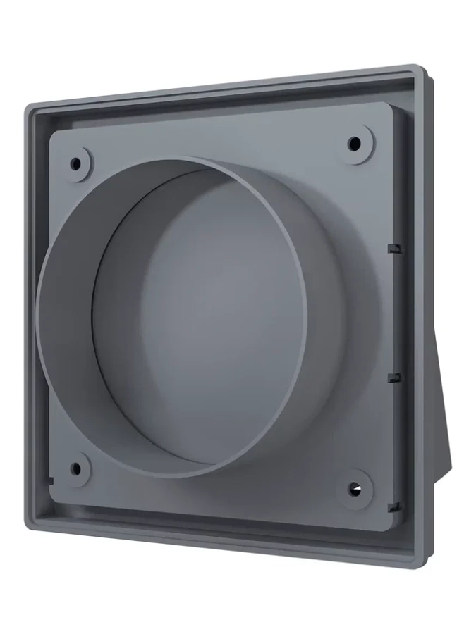 1515К10ФВ сер, Выход стенной вытяжной с обратным клапаном 150х150 с фланцем D100, ASA, серый 1515К10ФВ сер